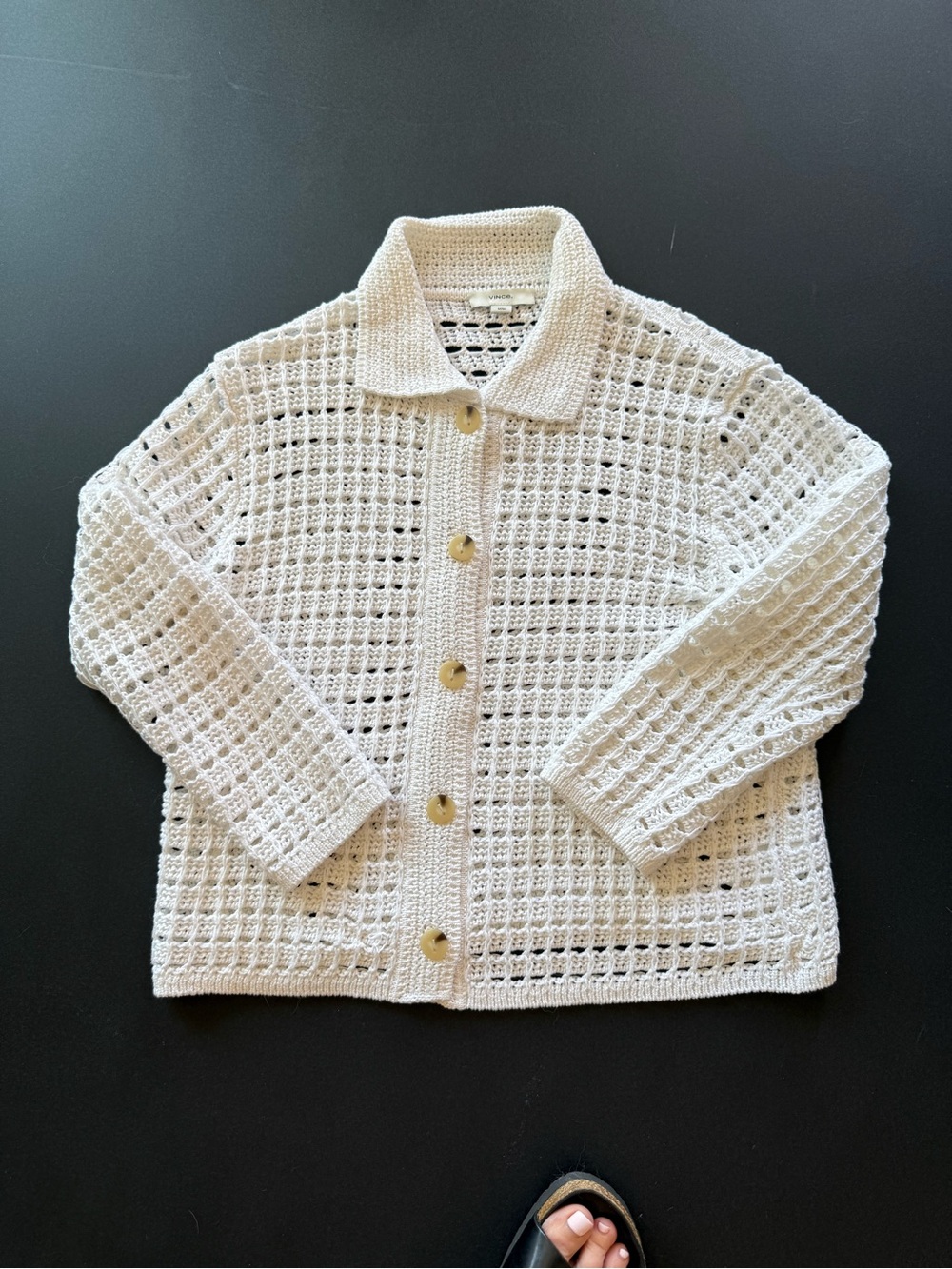 Vince Open-Knit Button Front Cardigan in Cream
